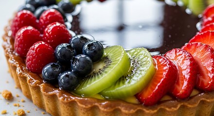 Artisan fruit tart with glossy chocolate glaze and fresh summer berries