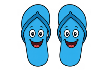 Pair of blue cartoon flip-flops smiling, portraying happiness, fun, and relaxing summer beach footwear on transparent background
