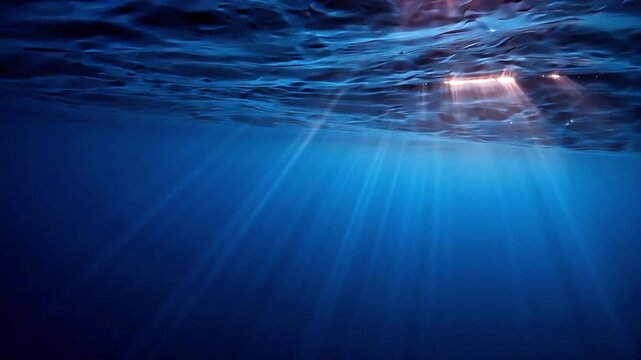Deep underwater blue ocean scene with soft moving light rays, relaxing aquatic environment backdrop