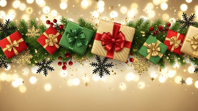 Festive Christmas Background with Gifts, Pine Branches, and Golden Bokeh Lights