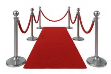 Red carpet entrance with velvet rope stanchions on transparent background