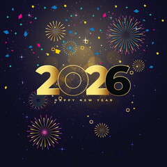 Stylish golden 2026 lettering with festive night fireworks
