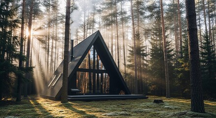 A-frame cabin nestled in a sun-drenched forest clearing.