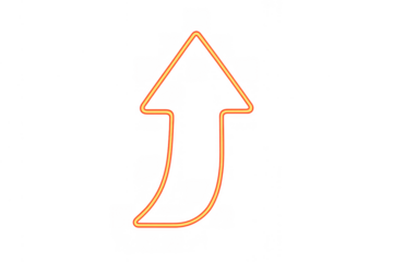 Glowing orange neon uptrend arrow sign indicating growth, progress, success, and rising direction on a transparent background