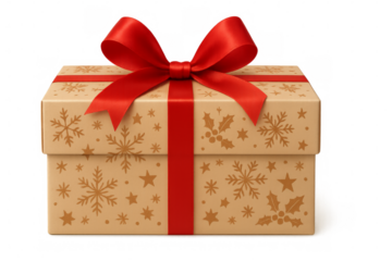 Festive gift box with red ribbon and snowflakes