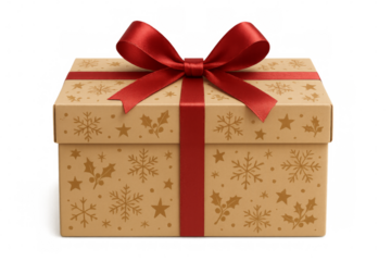 Festive gift box with red ribbon and snowflakes pattern