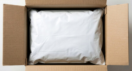 Shipping bag mockup inside a cardboard box