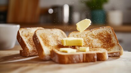 Slices of butter falling onto toast, soft kitchen atmosphere with blurred space for text, warm breakfast mood for food photography and culinary design