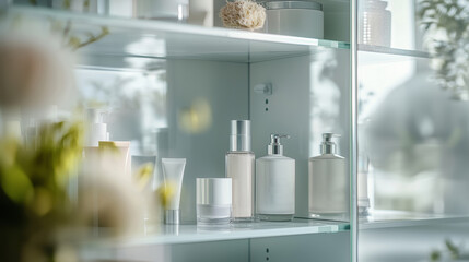 Elegant Spa and Beauty Essentials Displayed on a Stylish Bathroom Shelf in Modern Minimalist Design
