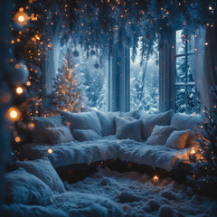 Magical Winter Wonderland Interior with Twinkling Fairy Lights, Plush Seating, and Cozy Holiday Decor, perfect for Festive Dreaming