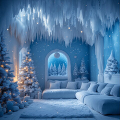 Enchanting winter wonderland living room transformed into a cozy ice palace, adorned with sparkling Christmas trees and soft glow