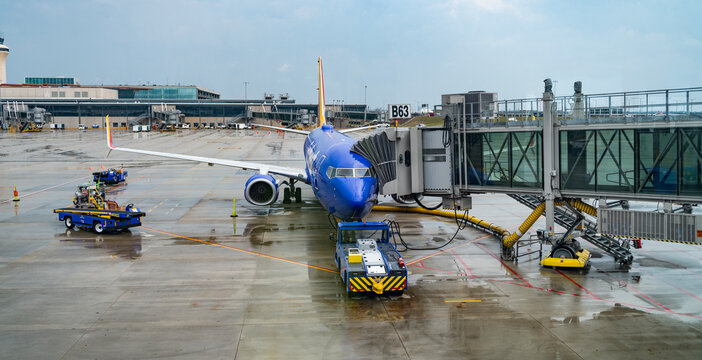 Miami, Florida, USA - August 06, 2025: Airplane terminal for airline. Southwest airline plane departure in airport. Airport terminal. Vacation departure at airport. Southwest Airlines. Boeing 737 MAX