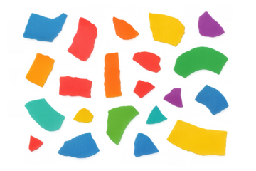 Colorful confetti pieces falling, abstract rainbow shape paper scraps, celebrating party decor, transparent background