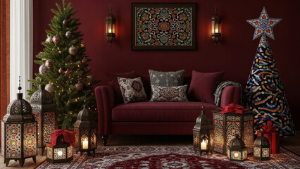 Elegant Christmas Eve Scene Cozy Living Room Blends Holiday Cheer with Rich Moroccan Decor, Festive Trees, and Glowing Lanterns