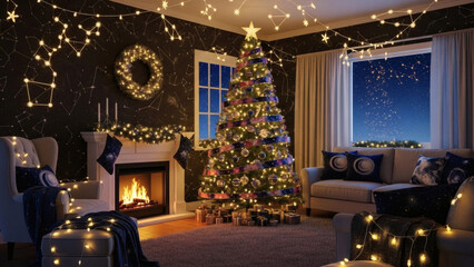 Cozy living room adorned with twinkling lights and a decorated Christmas tree, glowing with festive warmth under a celestial-themed winter night