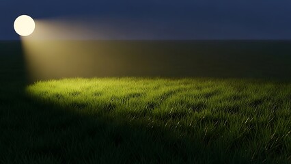 Moonlit meadow under a darkened sky with grassy field spotlighted