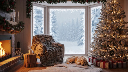Peaceful winter holiday golden retriever by the hearth, sparkling Christmas tree, and serene snowy outdoor view