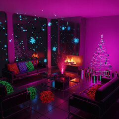 Futuristic Neon Christmas Living Room Illustration with Glowing Snowflakes and Modern Holiday Decor, Illuminated in Vibrant Purple Hues for a Unique Seasonal Ambiance