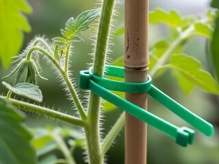 Tomato plant supported by bamboo stake with green plastic garden tie