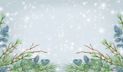 Christmas background with winter greenery frame, spruce, pine tree twig and eucalyptus branch against background of snowfall. New Year design for greeting or invitation.