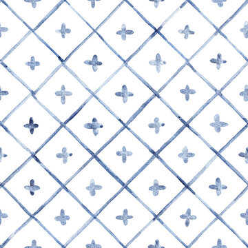 Seamless watercolor cross-tile pattern. Hand drawn indigo shapes in a soft geometric grid. Clean artistic texture on white. Ideal for packaging, decor and textiles.