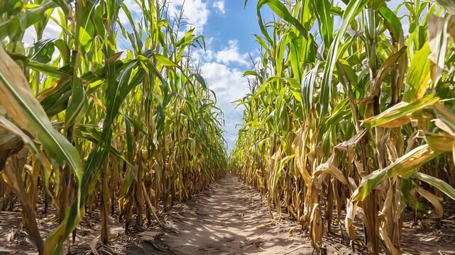 Walking Through a Sunny Cornfield on a Path Under a Blue Sky.