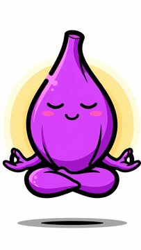 Cute Purple Fig Character Meditating in Lotus Pose Animation.