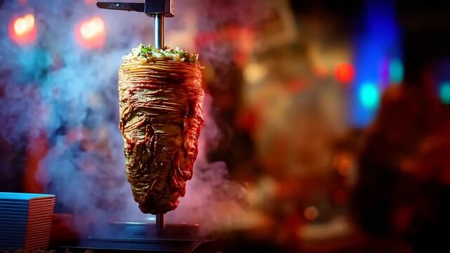 Sizzling Shawarma Rotating on a Spit with Steam Rising in a Lively Restaurant.