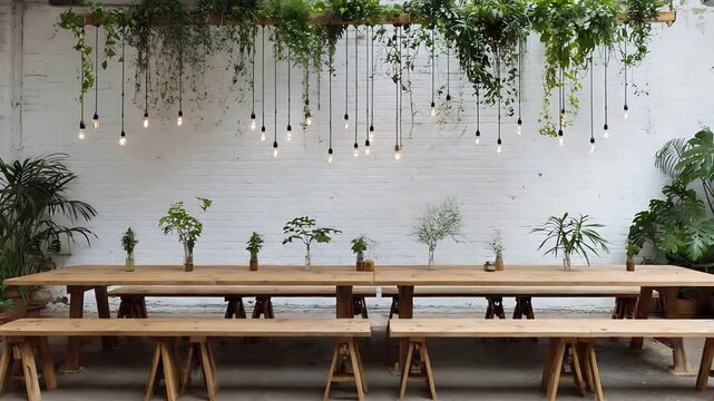 Rustic Wooden Tables Adorned with Greenery and Edison Bulbs for an Event.
