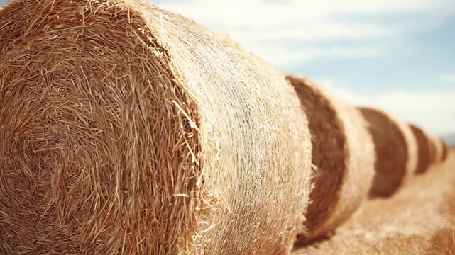 Row of golden hay bales in a sunlit field with blue sky.