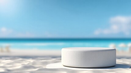 Promotion for Sunscreen on a White Sand Podium at the Beach With a Blurred Ocean Background During Bright Daylight