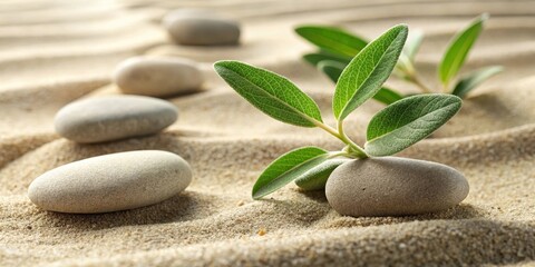 Fototapeta premium Sage Twig and Pebble Rocks on Sand Serene Botanical Background
