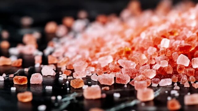 Macro view of vibrant pink Himalayan sea salt crystals scattered on a dark surface.