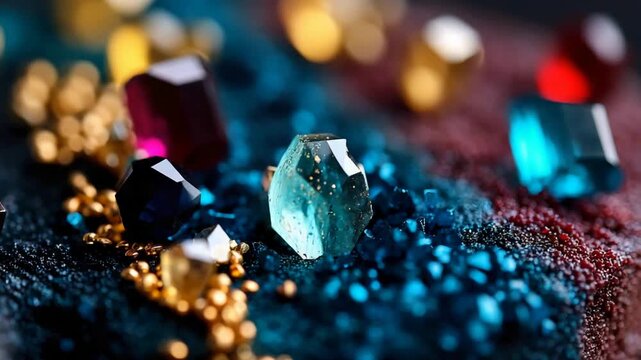 Macro View of Radiant Gemstones and Gold Beads on Textured Surface.