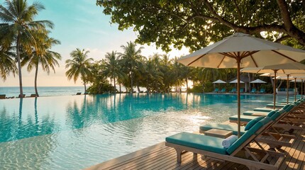 Fototapeta premium Serene view of a luxury resort infinity pool with deck chairs and umbrellas surrounded by tropical palm trees
