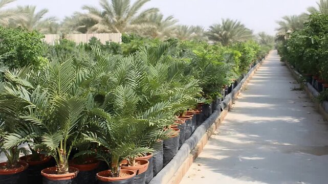 Lush nursery pathway with rows of green palm plants and date trees.
