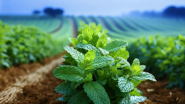Lush Mint Plant Growing In Field With Rows In Soft Focus Background.