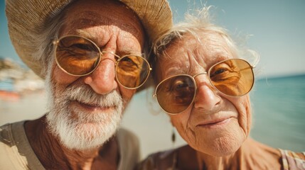 senior couple tourist. Enjoy free time outdoors near the sea on the beach. Looking at the camera while relaxing on a clear day Poses for travel selfies smiling happy tropical