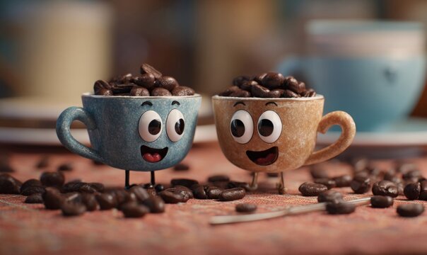 Coffee Cup Friends: Two animated coffee cups, brimming with coffee beans and vibrant expressions, sharing a moment of joy, surrounded by more cups and beans. - Powered by Adobe