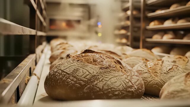 Freshly baked loaves of bread sit on a conveyor belt in a bustling bakery, while others rise to perfection on a rack beside a warm oven, capturing the abundant concept of provision and.
