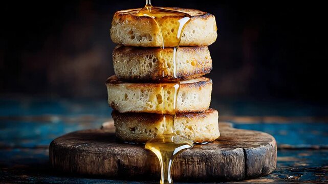 Golden Honey Drizzling Over Stacked Fluffy Pancakes on Rustic Board.