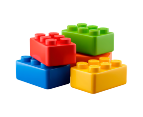 Colorful interlocking plastic pieces, Multicolored plastic building units with smooth surfaces on transparent background