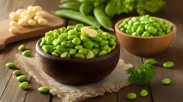 Fresh Green Broad Beans in Wooden Bowls, A Healthy Ingredient for Cooking.