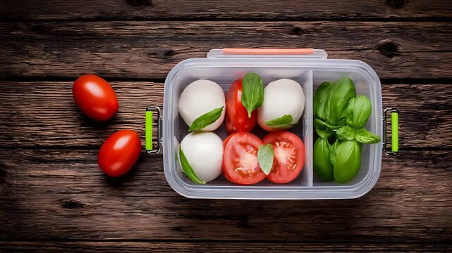 Fresh Caprese Salad Ingredients Packed in a Portable Lunchbox on Wood.