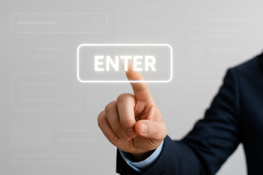 Businessman finger touching virtual enter button on screen - Powered by Adobe