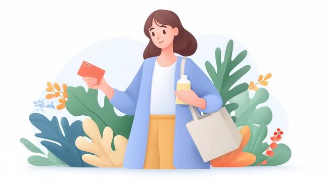 A woman holding a notebook and a drink next to plants, depicting a cheerful shopping scene.