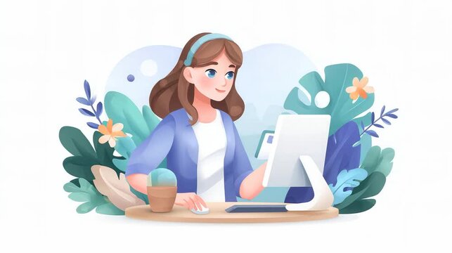 A young woman working on a computer surrounded by plants and flowers in a colorful illustration.