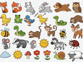 Naklejka premium A large collection of cute cartoon animals and nature elements including foxes, cats, rabbits, dogs, owls, ducks, frogs, birds, snakes, sloths, monkeys, bees, deer, mice, badgers