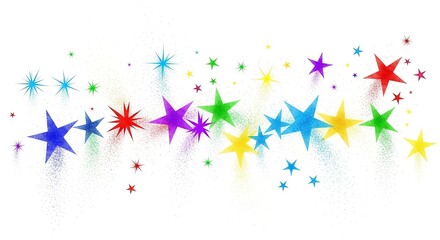 Colorful starbursts scattered on white backdrop conveying festivity and celebration