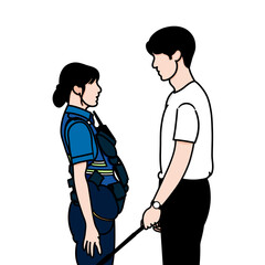 Vector illustration of a man and a policewoman facing each other. The painting was inspired by a scene from a popular Korean drama.